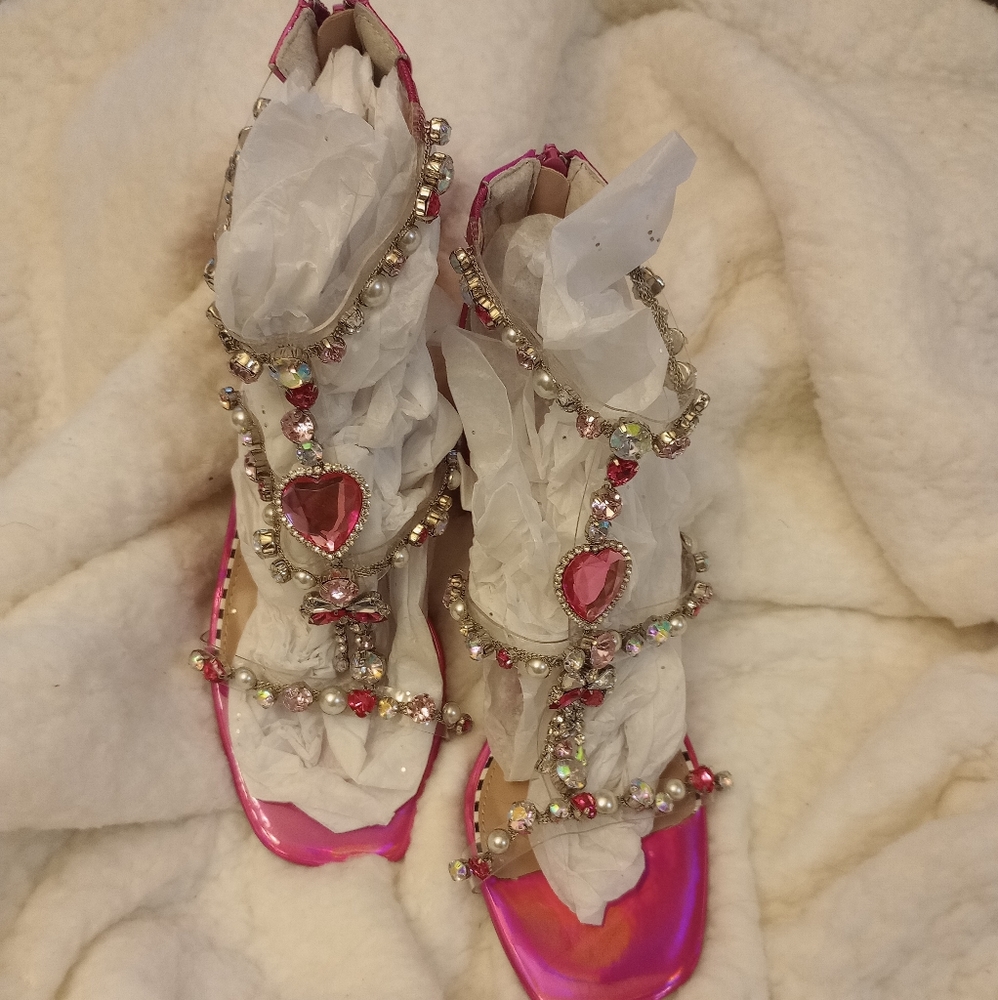 Betsey Johnson Astrid Pink Jeweled T-Strap Block Heel Sandals - Picture 2 of 10